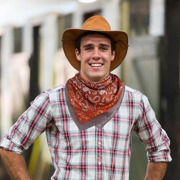 ⚡Men Orange Brown Necktie 27.5 Inches Cowboy Scarves Pocket Square Silk Bandanas - Picture 2 of 3